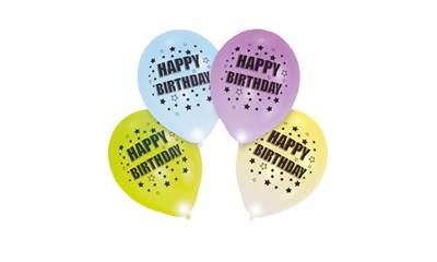 4 LED Ballone Happy Birthday Farben: Blau, Gelb, Grün, Violett