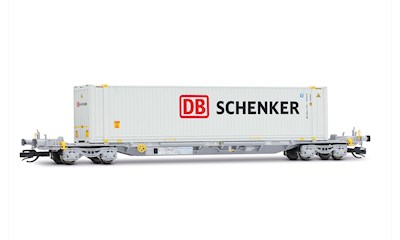 4-achsiger Containertragwagen grau mit weissem 45'-Container DB Schenker Ep.