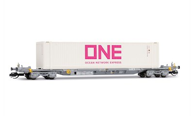 4-achsiger Containertragwagen grau mit weissem 45'-Container ONE Ep. VI