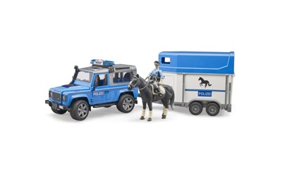 Land Rover Defender Polizeifahrzeug mit Pferdeanhänger, Pferd und Polizist