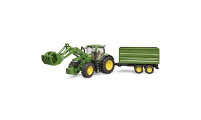 John Deere 7R 350 mit Frontlader und Tandemachstransportanhänger