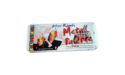 Schminkpalette 24-er Metallbox, 21 Farben und 3 Glitter, Pinsel, Pads