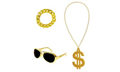 Gangster Set 3tlg. mit goldener Sonnenbrille, Dollar-Halskette und Armband