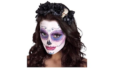 Haarreif Tiara La Muerte mit schwarzen Rosen und Totenkopf