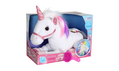 Einhorn 35cm mit Licht & Sound farbigen Haarsträhnen und Kamm, Licabella inkl. 3