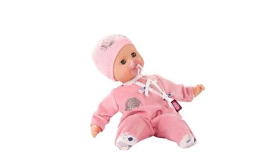 Muffin 33cm rosa Puppe, ohne Haare, mit rosa Strampler und Mütze Weichkörpe