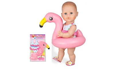 Puppenschwimmset Flamingo 3-teilig, Badehose, Sandalen u. Schwimmring, Gr. 35-45