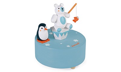 Spieldose Polar mit Musik aus Holz, Eisbär mit Pinguin