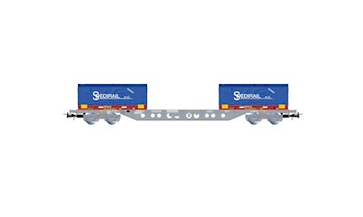 SNCF 4-achsiger 60' CTW Novatrans Sgss  grau  mit 2 blauen 20'-Coil-Container Sp