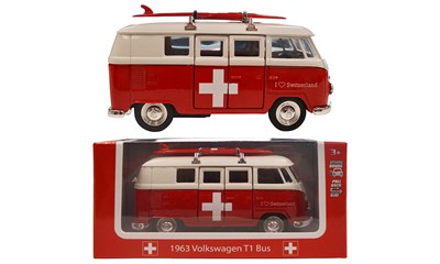 VW Bus T1 Switzerland 12cm mit Rückzugfunktion und Surfboard I Love Switzerland