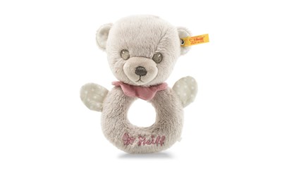 Lea Teddybär Greifring mit Rassel in Geschenkbox grau/pink 15cm