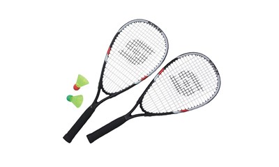 Speed Badminton Set 2 Aluschläger, Balldose mit 2 Bällen in Nylontragetasche