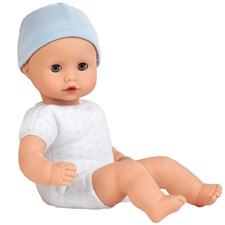 Muffin Puppe blau Junge 33cm ohne Haare Weichkörperpuppe, Schlafaugen